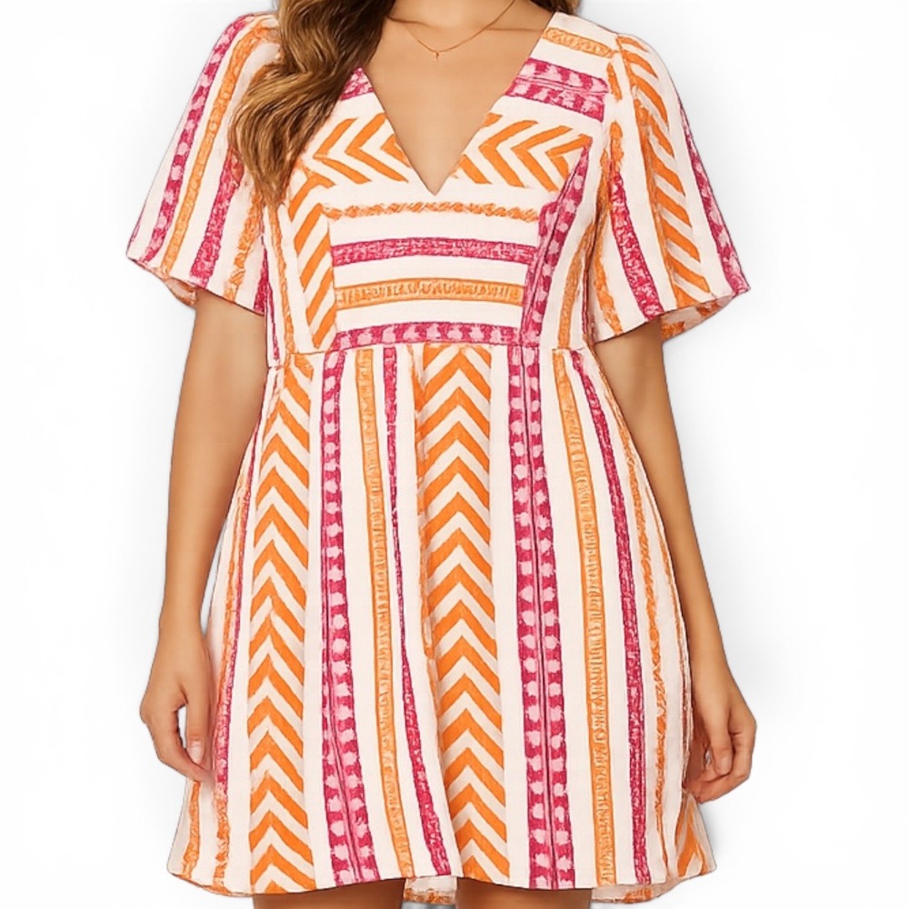 NWT Old Navy Mini Dress Orange Pink Geometric Tribal Women Medium Boho Pockets